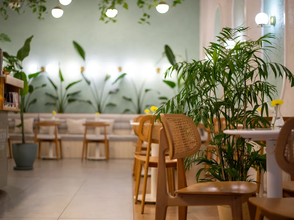 Bitkilerle dolu, sakin bir kafe salonu