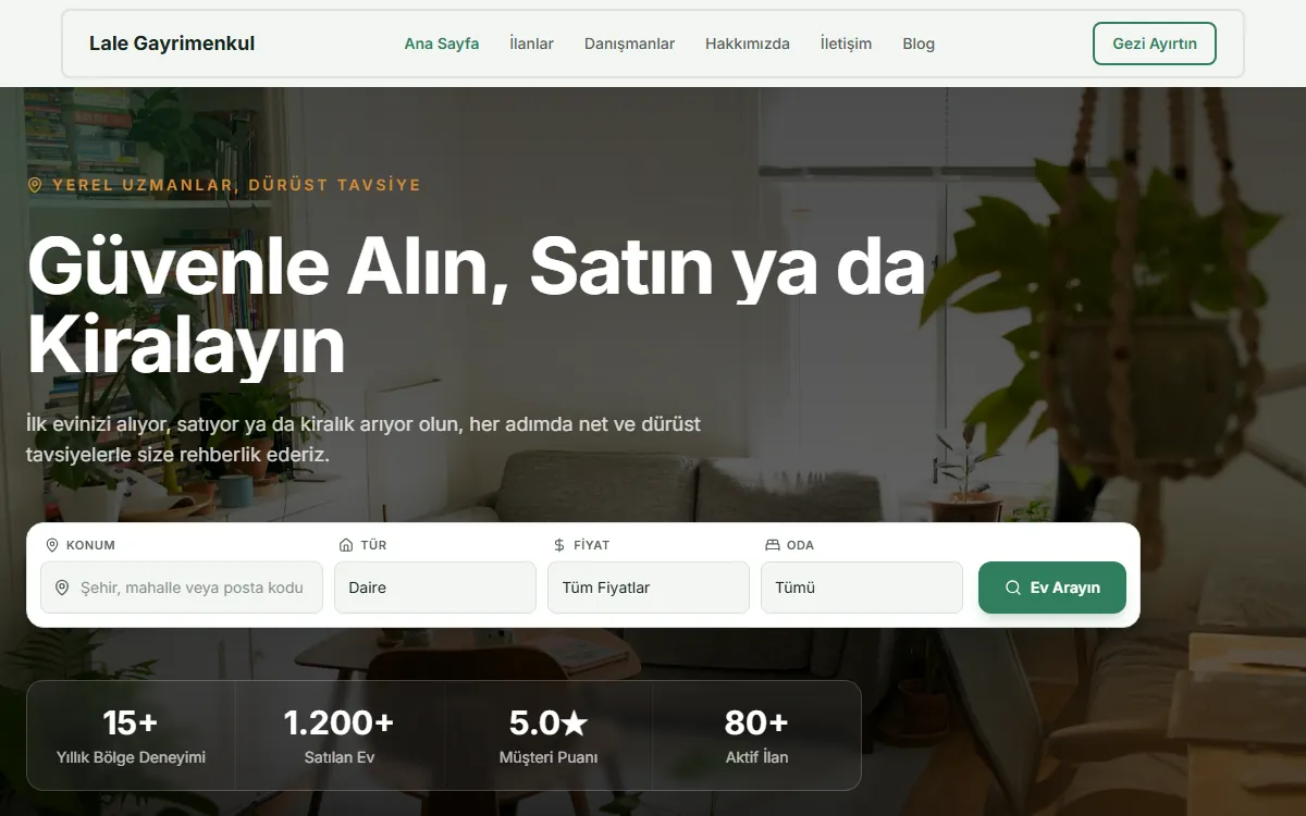 Lale Gayrimenkul örnek web sitesinin ilk ekranı