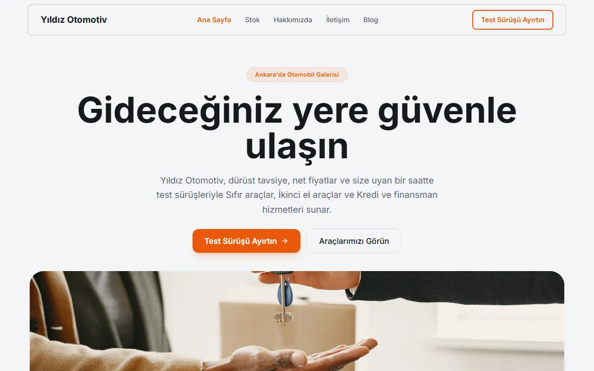 Yıldız Otomotiv örnek web sitesinin ilk ekranı