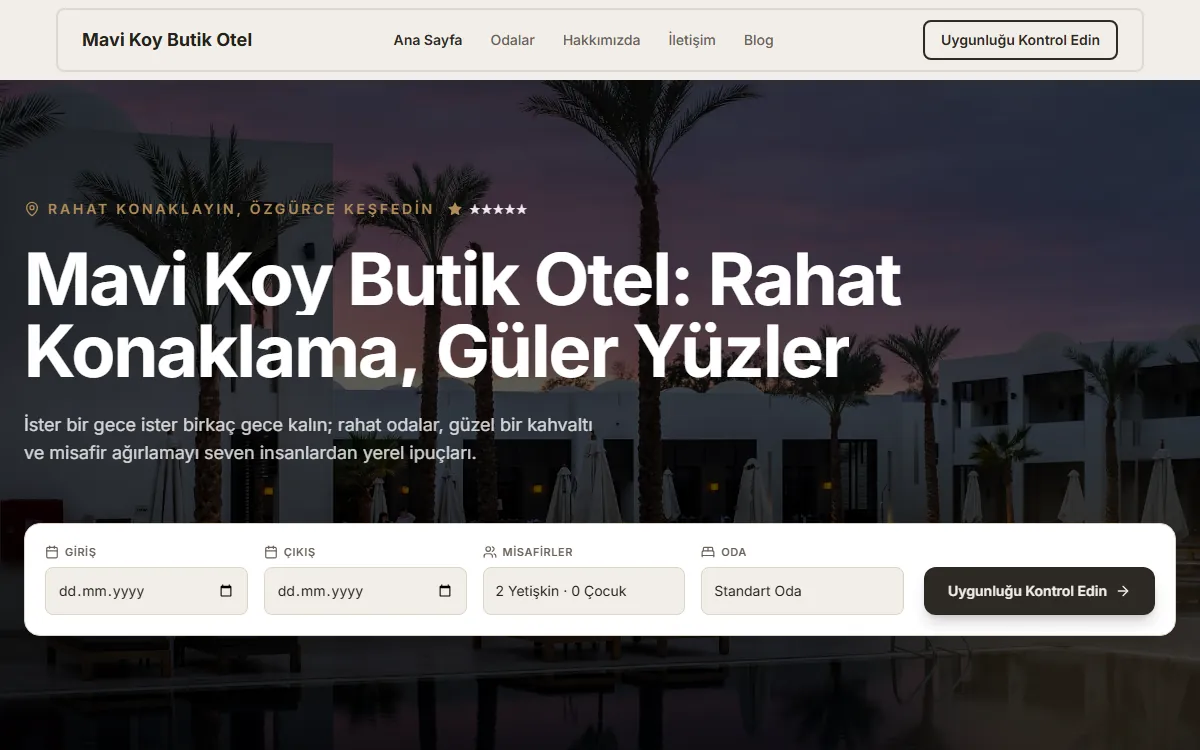 Mavi Koy Butik Otel örnek web sitesinin ilk ekranı