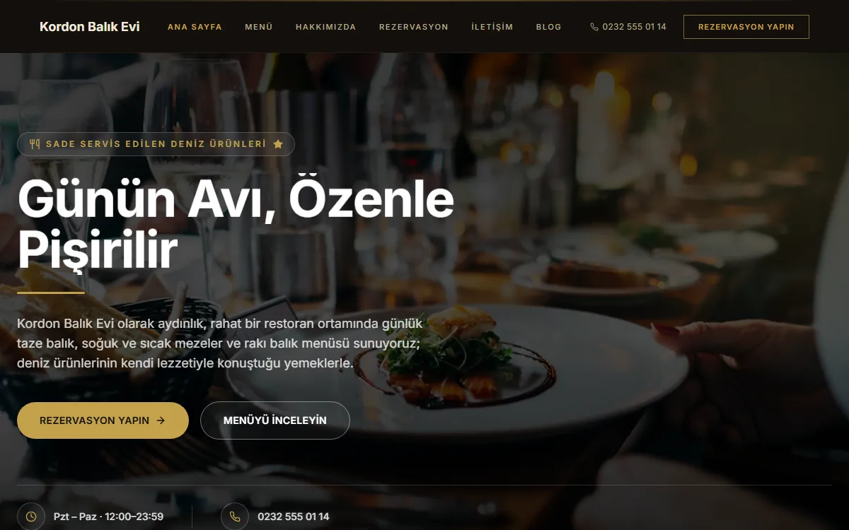 Kordon Balık Evi örnek web sitesinin ilk ekranı